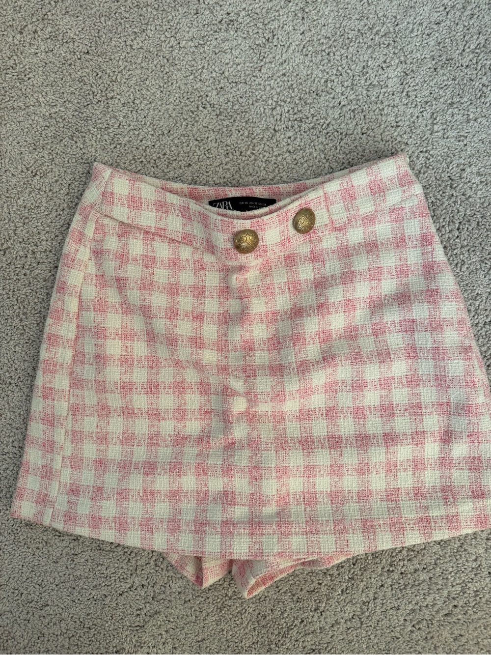 ZARA Pink & White Tweed Check Mini Skort with Gold Buttons